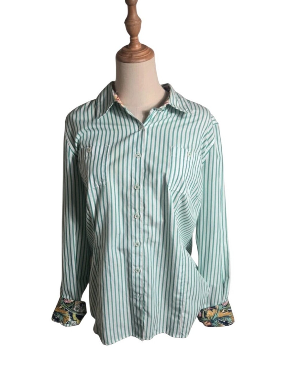 Van Heusen Women's Green Stripe Button-Up Shirt With Floral Cuffs